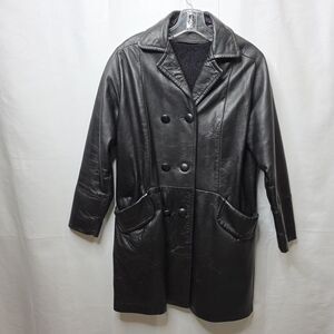 Vtg Black Leather Trench Coat Womens Martins Long Sleeve Sz 10 Lined Classic USA